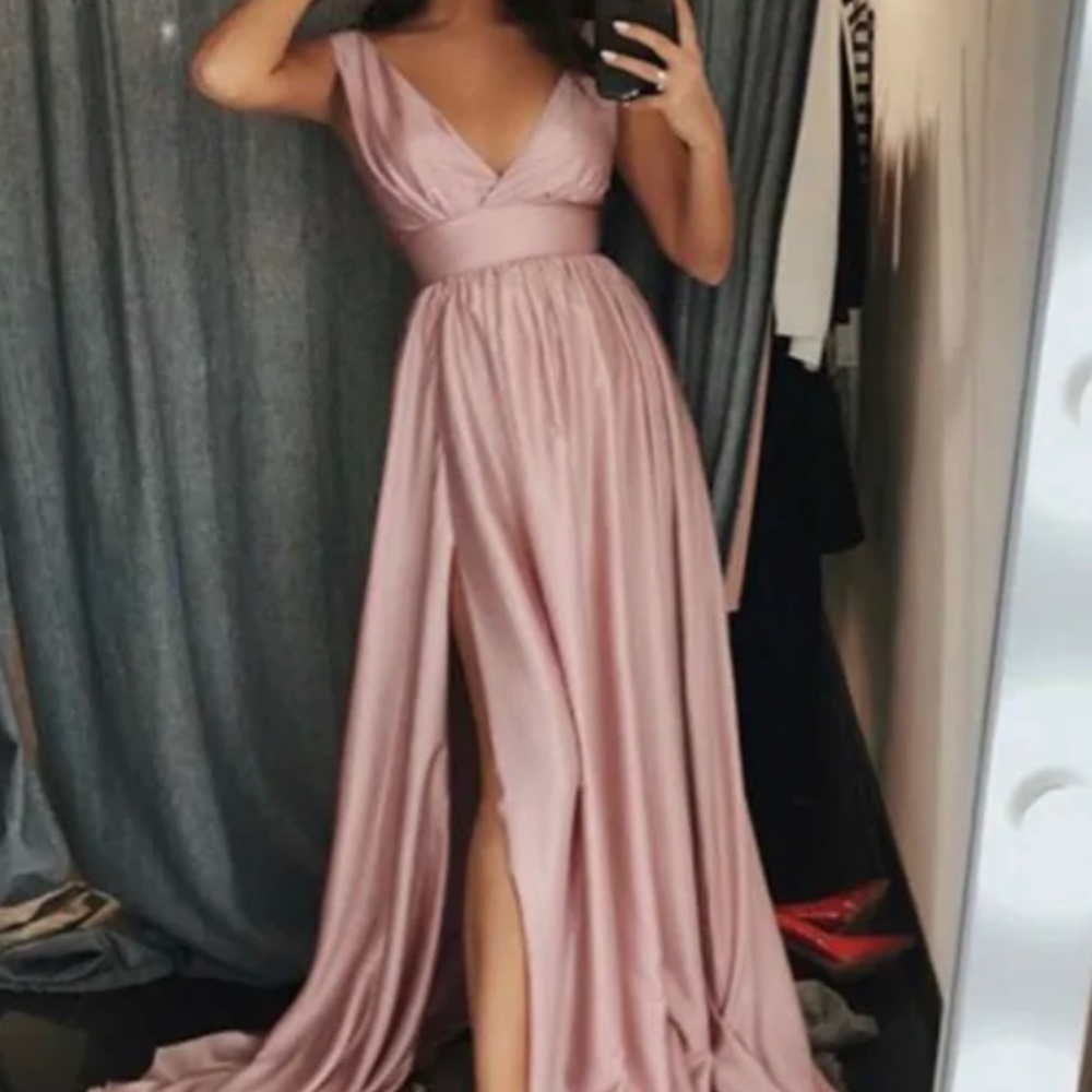 A-Line/Princess V-neck Ruffles Silk-like Satin Sweep Brush Train Dress